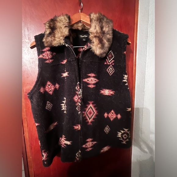Vintage True Grit Southwestern Aztec Tapestry Vest Faux Fur Collar Sz L Women - Picture 4 of 6